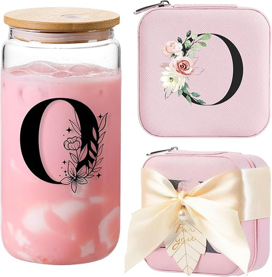 AYGXU Travel Jewelry Case for Women Girls, Organizer Box, 16oz Glass Cups With Bamboo Lids, Aesthetic Cup, Essentials, Initial O Pink