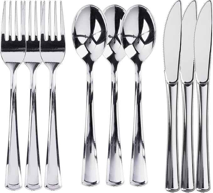 Prestee 600 Piece Plastic Silverware Set - 200 Silver Plastic Forks, Spoons and Knives - Heavy-Duty Utensils - Reusable and Disposable Cutlery Set for Weddings, Thanksgiving, and Christmas Parties