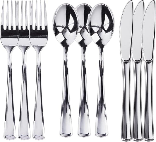 Prestee 600 Piece Plastic Silverware Set - 200 Silver Plastic Forks, Spoons and Knives - Heavy-Duty Utensils - Reusable and Disposable Cutlery Set for Weddings, Thanksgiving, and Christmas Parties