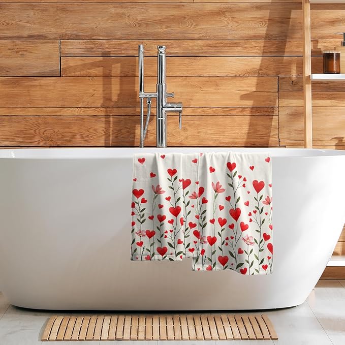 Imiss Red Love Hearts Hand Towels Set of 2 Flowers Holiday Bathroom Towel 14.4 x 28.3 Inch Wedding Farmhouse Decoration Fingertip Towels for Hotel Gym Spa