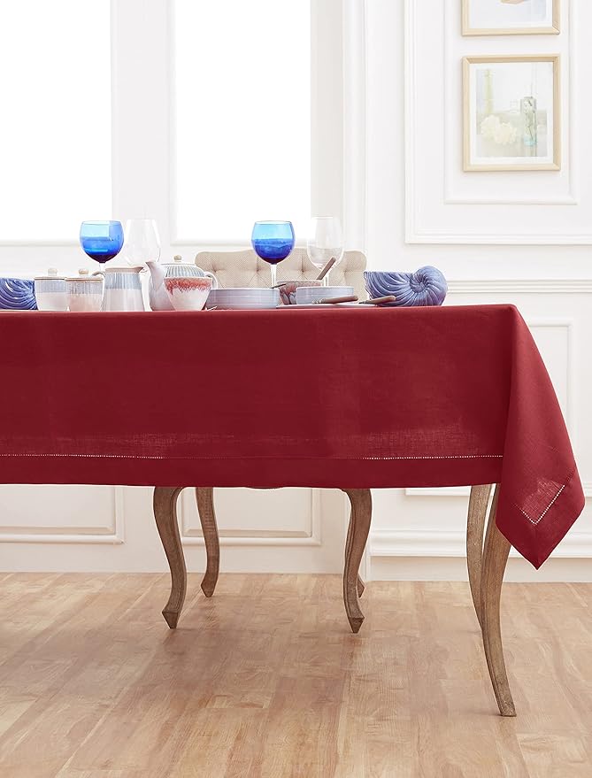 Solino Home Linen Tablecloth 60 x 120 Inch - Classic Hemstitch 100% Pure Linen Red Table Cloth for Rectangle Tables - Machine Washable Tablecloth for Valentines, Winter, New Year