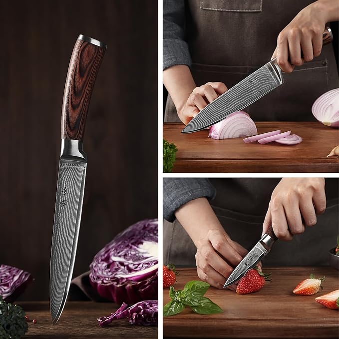 Wakoli EDIB 5-Piece Damascus Knife Set – Professional Chef Knives Set with VG10 Core Blades, 67-Layer Damascus Steel and Ergonomic Pakkawood Handles – Premium Kitchen Knives in Wooden Gift Box