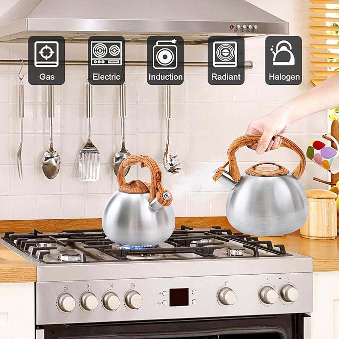 GGC Tea Kettle for Stove Top, 3.1QT/3L Whistling Tea Kettles for Boiling Water Coffee or Milk, Stainless Steel kettle Pot with Wood Parttern Handle for Home and Kitchen