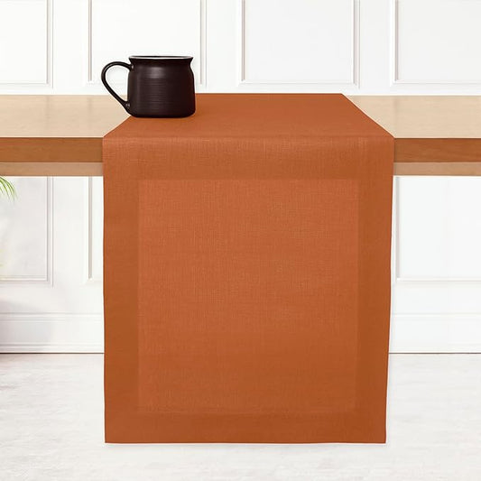 D'Moksha Homes Linen Rust Table Runner 84 Inches Long - 100% Pure Linen 14 x 84 Inch Table Runner for Dining, Fall and Halloween - Machine Washable