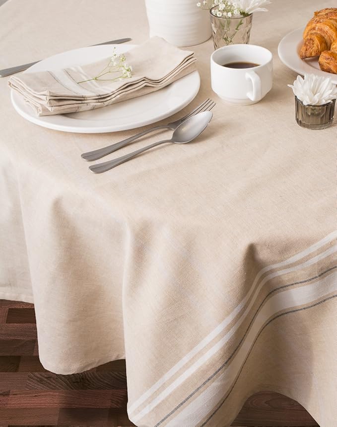 DII French Stripe Dining Table Collection Farmhouse Style Tablecloth, 70 Inches Round, Taupe/White