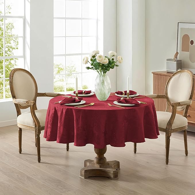 Newbridge Christmas Barcelona Damask Fabric Tablecloth, 70 Inch Round, Burgundy – No Iron, Soil Resistant Table Cover for Dining, Parties and Holidays