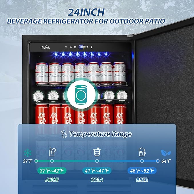 24 Inch Beverage Refrigerator Outdoor, Under Counter Beverage Cooler for Patio, Built-in Drink Fridge 210 Cans, with Stainless Steel Door for Soda, Beer, Wine
