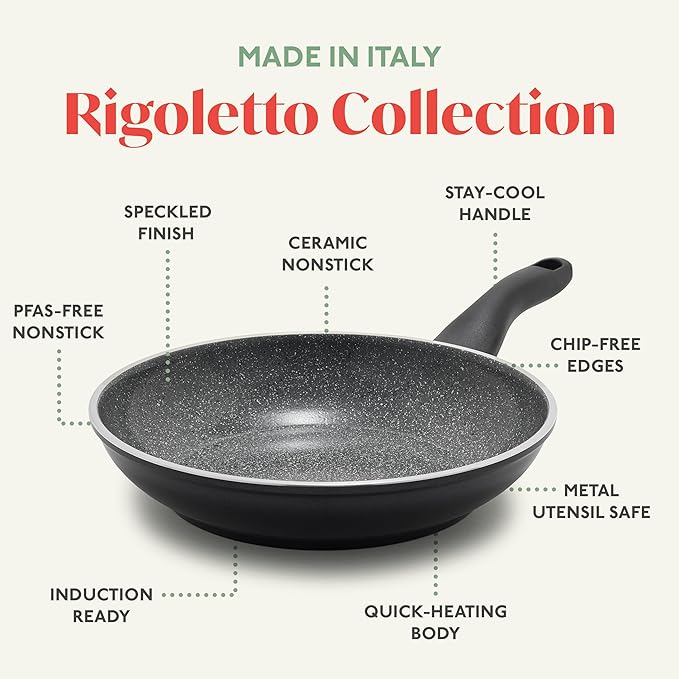 Rigoletto 8” Nonstick Frying Pan Skillet, Made in Italy, Layered Ceramic PFAS-Free Surface, Induction Ready, Dishwasher & Metal Utensil Safe, Granite Finish, Stay-Cool Handle, Black
