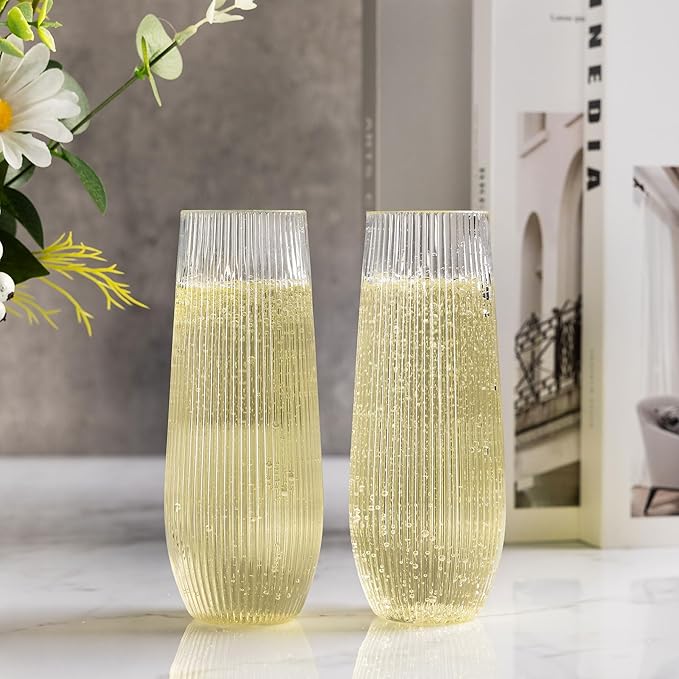 HOMIP 36pcs Clear Plastic Champagne Flutes - 9oz Disposable Champagne Flutes Stemless Toasting Glasses, Ribbed Ripple Design (BPA-Free) for Weddings, Bars & Events - Disposable Party Cups