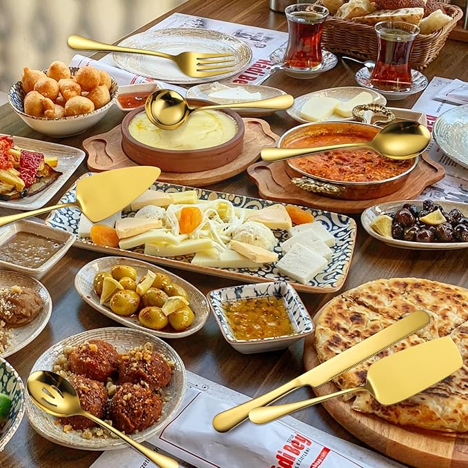 Gold Serving Utensils Set Stainless Steel Large Silverware 7 Piece Include Big Spoon Fork Cake Server Knife Pizza Spatula Pefect for Buffet Catering Flatware