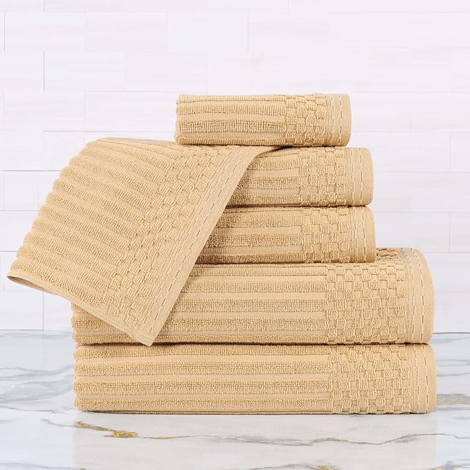 Superior 6 Piece Cotton Towel Set, Includes 2 Bath Towels, 2 Hand Towels, 2 Face Towel/Washcloths, Daily Use for Bathroom, Guest Bath, Ribbed, Absorbent, Home Essentials, Soho Collection, Gold