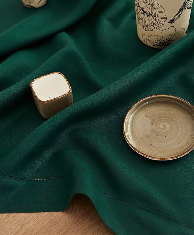 Solino Home Rainforest Green Linen Tablecloth 52 x 52 Inch - 100% Pure Linen Square Table Throw - Classic Hemstitch, Machine Washable Table Cloth for Winter, New Year