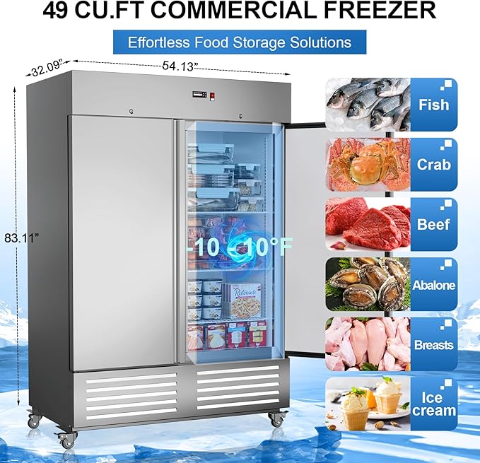 Commercial Freezer 2 Door Upright Freezers with 8 Adjustable Shelves, 54"W Stainless Steel Reach-in, Temp Control -10℉ ~ 10℉, 49 Cu.ft for Restaurant Kitchen Bar Garage, ETL and DOE Approved