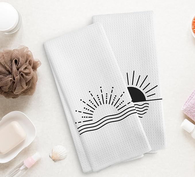 Minimalist Boho Black Sun Sunrise Sunray Sunburst Ocean Wave Sea Horizon Kitchen Towels and Dishcloths Sets of 2,Boho Absorbent Drying Cloth Hand Towels Tea Towels for Bathroom Kitchen,16×24 inches