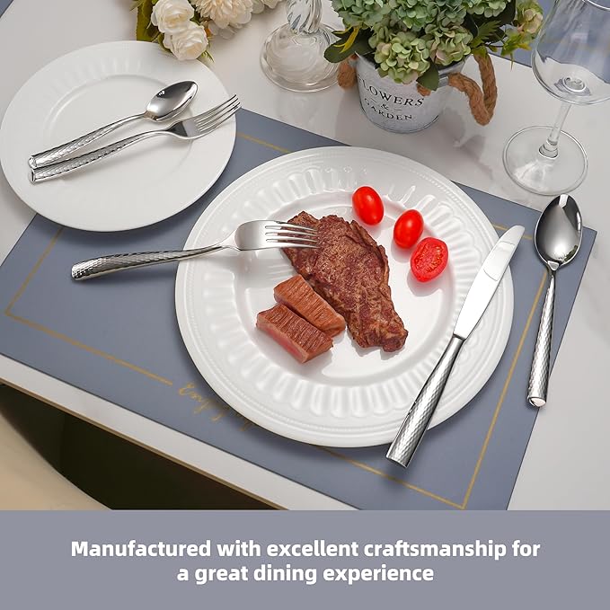 20-Piece Luxury Hammered Silverware, 18/10 High End Flatware for 4, Forged Silverware Set, Thick Handle Heavy Duty, Dishwasher Safe