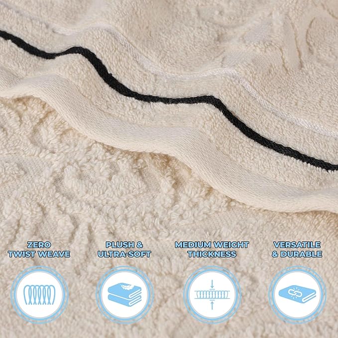 Superior Cotton 12 Piece Assorted Floral Towel Set, Includes 4 Bath, 4 Hand, 4 Washcloth/Face Towels, Quick Dry, Home Essentials, Shower, Spa, Luxury Plush Soft Absorbent Towels, Zero Twist, Ivory