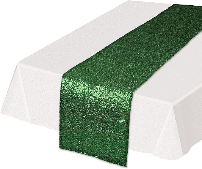 Beistle Rectangluar Shiny Sequined Table Runner For Party Event Birthday Wedding Baby Shower Christmas Holiday Celebration Decorations, 11.25" x 75", Green