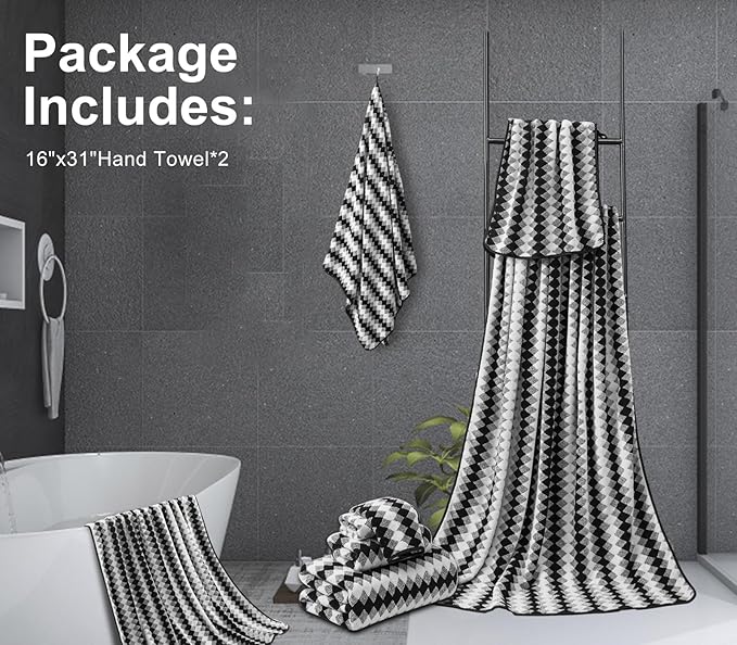2 Hand Towel Set 16"x31" Black White Towel Set for Bathroom,Highly Absorbent & Quick Dry Hand Towel for Daily Use,Soft Microfiber Multipurpose Towel Collection for Hotel,Spa,Shower,Gym