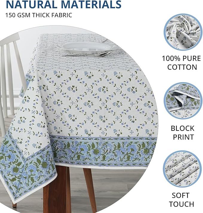 Ridhi Powder Blue Hand Block Print Cotton Rectangle Tablecloth 108" x 60" inches Reusable Table Cover Decorative Everyday Use for Dining, Farmhouse, Home, Party, Festive, Wedding, Fall