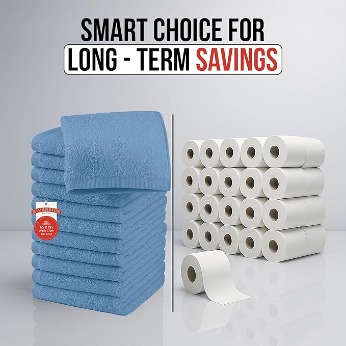 RIVERSIDE 12 Pack Washcloths - 12x12 Inches, 400 GSM, 100% Ring-Spun Cotton - Soft, Absorbent & Durable Face and Body Towels - for Bathroom, Spa, Gym, Makeup Removal & Everyday Use - Medium Blue