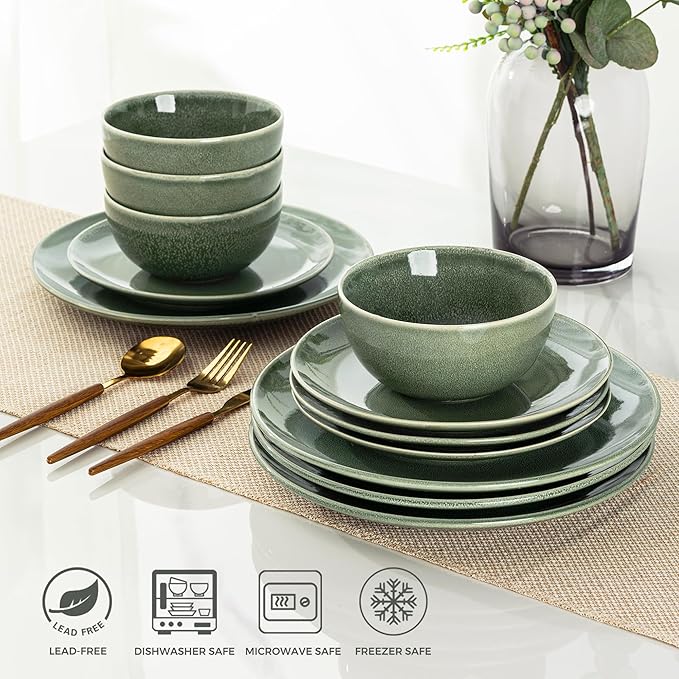 AmorArc Ceramic Dinnerware Sets for 8, 24 Pieces Handpainted Plates and Bowls Set, Scratch Resistant Stoneware Dishes Set, Dishwasher & Microwave Safe, Jade Green