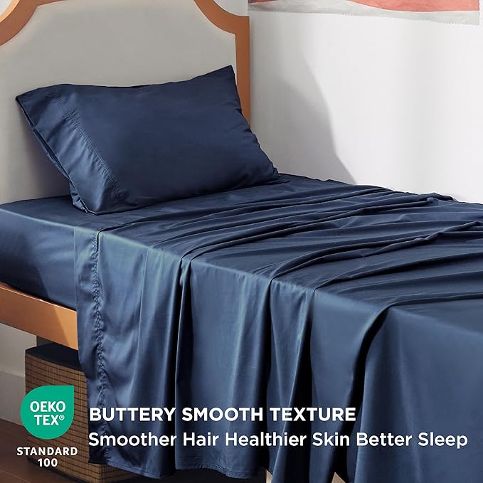 Bedsure Cooling Sheets Twin XL, Rayon Derived from Bamboo, Breathable & Soft Twin XL Sheet Sets, Deep Pocket Up to 16 Inches, Hotel Luxury Silky Dorm Bedding for Hot Sleepers, Navy