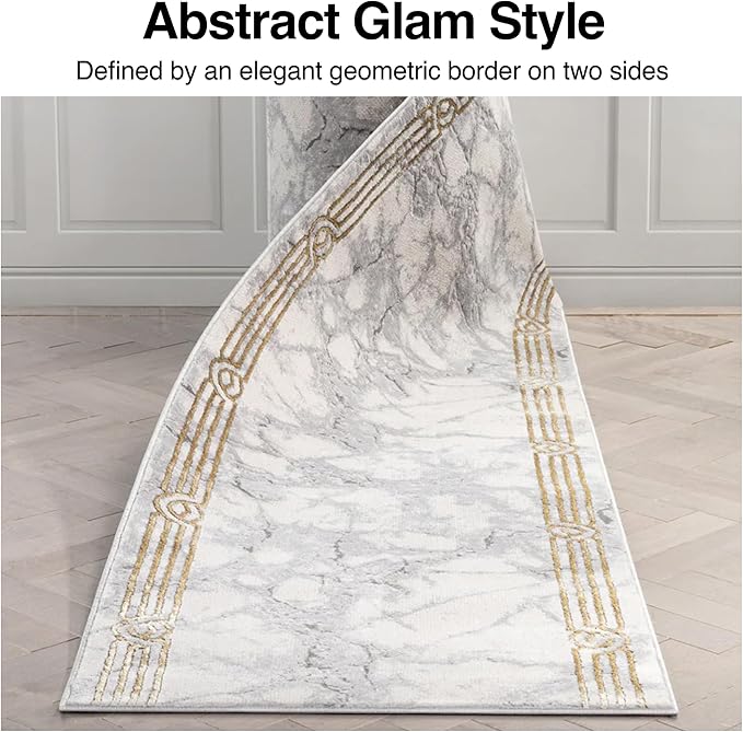 Well Woven Custom Size Hallway Stair Runner - Made-to-Measure - Fairmont Collection Lezlee Ivory Gold Abstract Marble Border 2x20 (2'2" x 20' Runner)