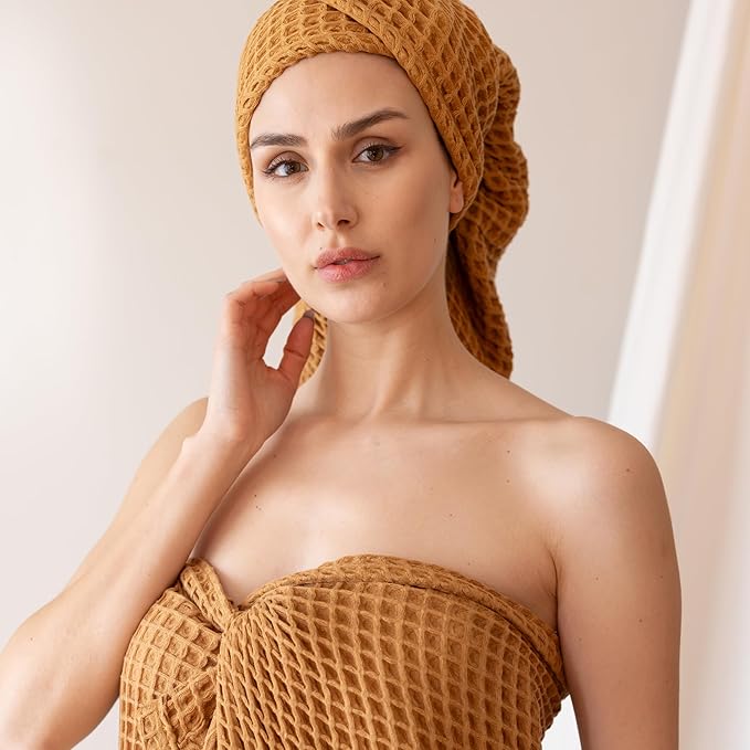 4-Piece Waffle Towels Set for Bathroom - Soft 100% Turkish Cotton Quick-Dry Lint-Free Waffle Weave Thin Bath and Hand Towels (Caramel, 2 Bath & 2 Hand Towel Set)