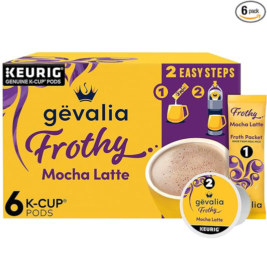 Gevalia Frothy 2-Step Artificially Flavored Mocha Latte Espresso Style K-Cup Coffee Pods & Froth Packets Kit, 6 ct Box