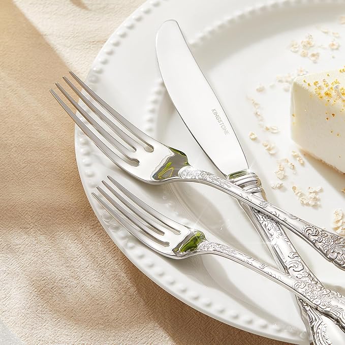 KINGSTONE Vintage Carved Silverware Set, 40-Piece 18/10 Stainless Steel Flatware Cutlery Set with Retro Royal Thick Handle, Tableware Utensils for Home, Restaurant, party, Wedding, Dishwasher Safe