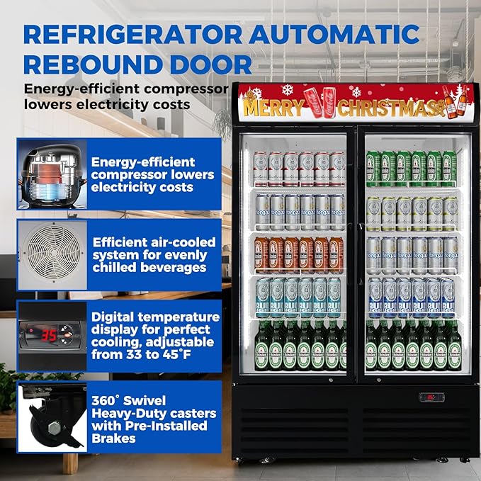 36 cu.ft Commercial Refrigerators with 2 Glass Door, Beverage Fridge with LED Light Display Upright Merchandiser, Drink Cooler with 8 Adjustable Shelves Black ETL Approved