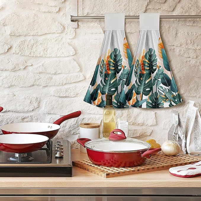 Giwawa Palm Leaves Hanging Kitchen Towels Tropical Leaf Dish Cloth Tie Towels 2 Pcs Hand Towel Tea Bar Dry Towel for Bathroom Laundry Room