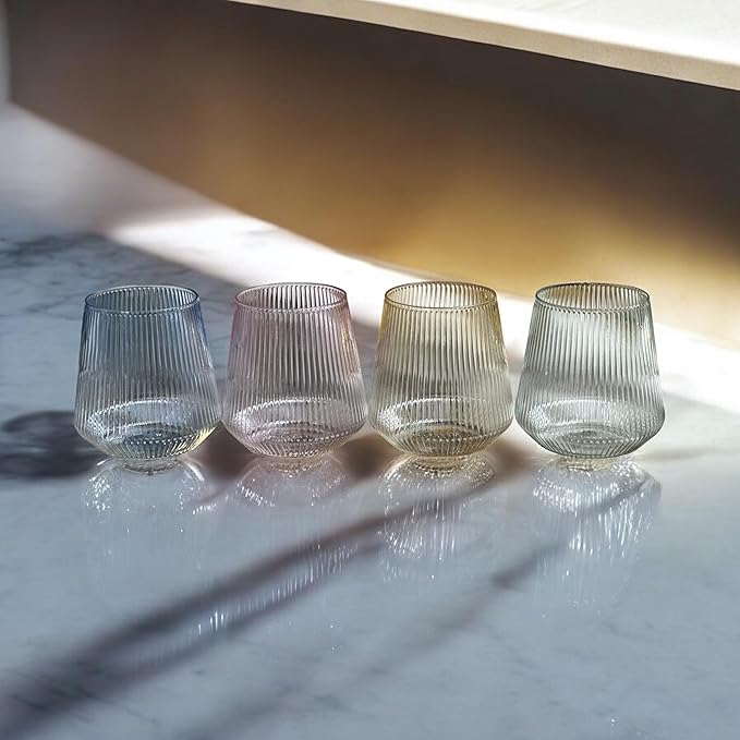 40 count Origami Ripple Unbreakable Stemless Plastic Wine Champagne Whiskey Glasses Elegant Durable Disposable Indoor Outdoor Ideal for Home, Bars, Wedding, Ribbed 12 Ounce Cups (Color Collection)