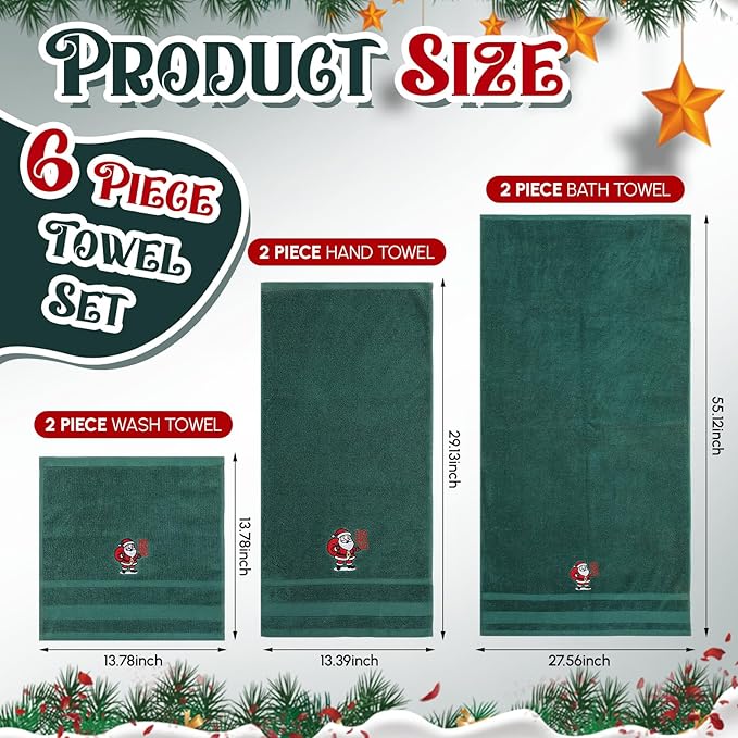 Peryiter 6 Pack Cotton Christmas Bath Towels Set Green Santa Claus Towels for Bathroom, Soft and Absorbent, Contains 2 Bath Cloth, 2 Hand Cloth and 2 Wash Cloths