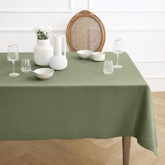 Solino Home Linen Tablecloth 60 x 90 Inch - 100% Pure Linen Oil Green Table Cloth for Rectangle Tables - Fete, Machine Washable Tablecloth for New Year