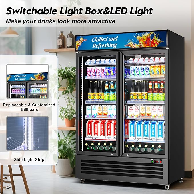 Commercial Beverage Refrigerator with 2 Glass Door, 383L Display Fridge Beverage Cooler with Customizable Lightbox Adjustable Shelves, Drink Fridge Merchandiser for Restaurant Shop, Black