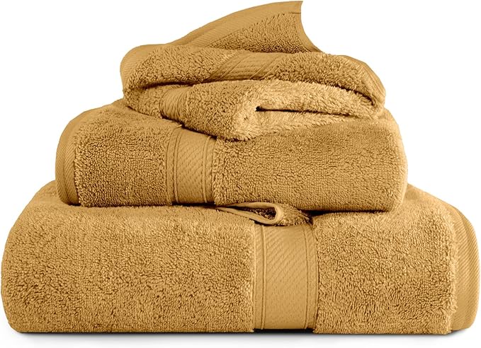 Superior Egyptian Cotton Pile 3-Piece Towel Set, Includes 1 Bath, 1 Hand, 1 Face Towel/Washcloth, Heavyweight, Ultra Soft Luxury Towels, Thick Plush Essentials, Guest Bath, Spa, Hotel Bathroom, Gold