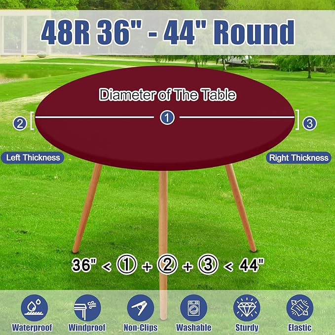 Round Spandex Tablecloth, Elastic Fitted Waterproof Tablecloths for 36"-44" Tables, Stretch Washable Picnic Table Cover for Camping, Dining, Indoor and Outdoor, Wine Red