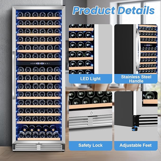 180 Bottles Wine Fridge 24 Inch Dual Zone Wine Cooler Refrigerator Freestanding Wine Refrigerator with Glass Door and Safety Lock, Large Wine Cellar for Home, Office, Kitchen
