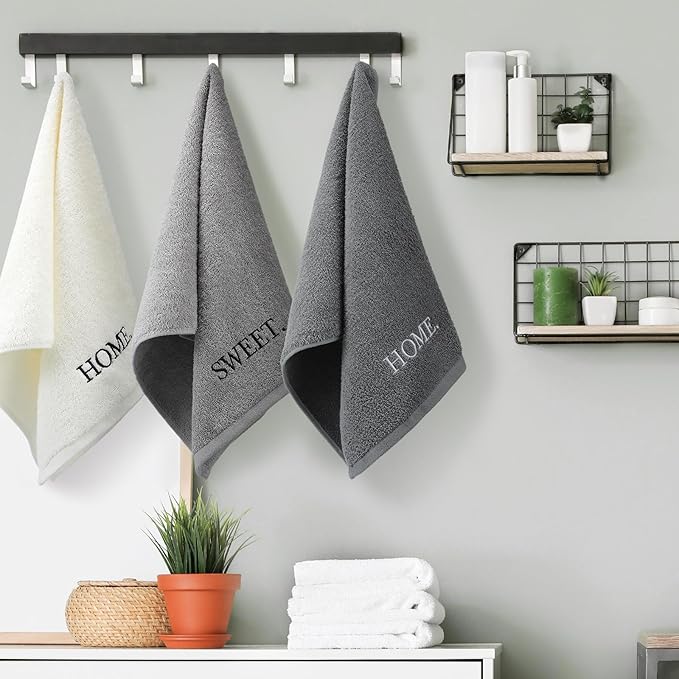 3 Pcs Farmhouse Decorative Hand Towels for Bathroom and Kitchen Rustic Embroidered 100% Cotton Hand Towels Decorative Set for Boho Bathroom Decor (Gray,Home Sweet Home)