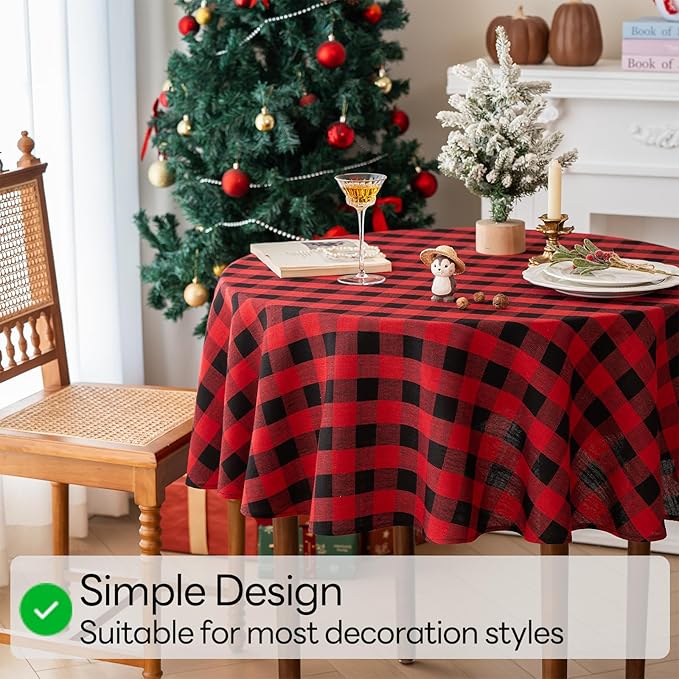 Christmas Gingham Tablecloth Heavy Duty Cotton Blend Red 60 inch Round Christmas Table Cloth Reusable Waterproof Foldable Tablecloths Xmas Table Cover for New Year Party Decor