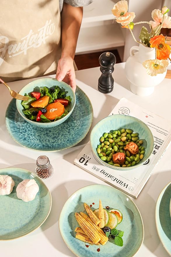 Decosignature Modern Plates and Bowls Sets 12-Piece Ceramic Dinnerware Set for 4 Blue Kitchen Plates and Bowls Microwave Dishwasher and Oven Safe Stackable Tableware Dinnerware Sets for Everyday Use