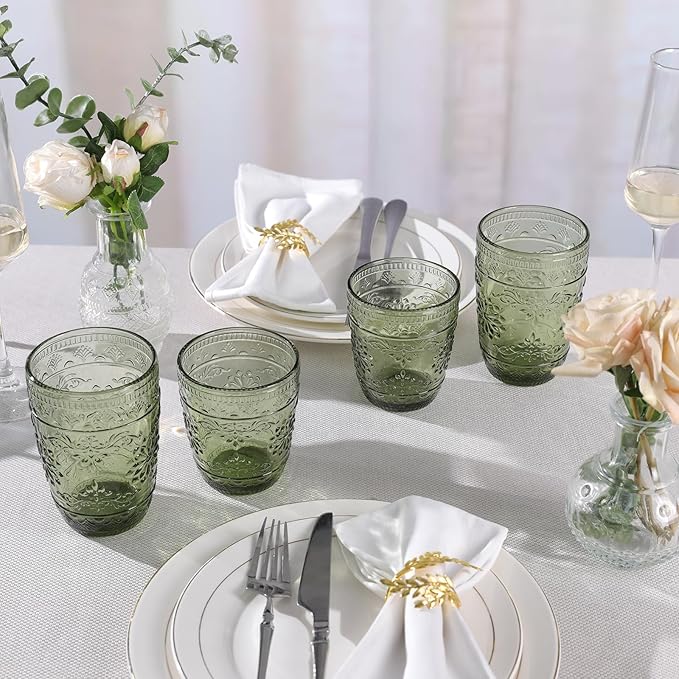 6Pcs 14OZ Drinking Glasses, Green Drinking Glasses, Colored Glassware Drinking, Highball Beverage Glasses Cup, Vintage Glassware Set for Water, Juice, Cocktail, Coffee