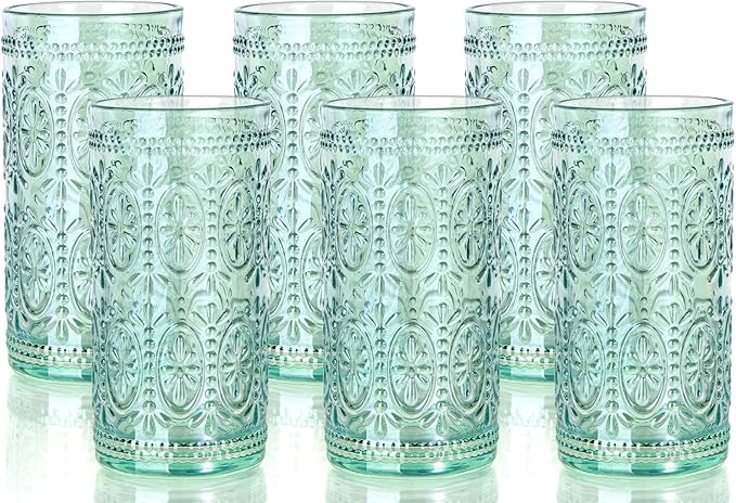 6 Pack Highball Embossed Beverage Glass Cup, 12oz Green Glassware Drinking, Vintage Drinking Glasses, Colored Water Glasses for Party Wedding Home Office and Gift