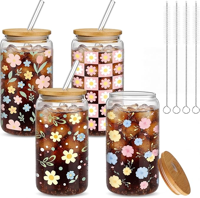 Mumufy Gift for Women Cute Glass Cup Tumbler Flower Iced Coffee Mugs 16 oz Glass with Bamboo Lid & Straw, Mothers Day Birthday Gift for Mom Sister Bridesmaid Baby Shower(4 Pack, Pastel Flower)