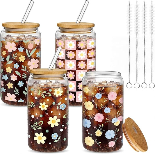 Mumufy Gift for Women Cute Glass Cup Tumbler Flower Iced Coffee Mugs 16 oz Glass with Bamboo Lid & Straw, Mothers Day Birthday Gift for Mom Sister Bridesmaid Baby Shower(4 Pack, Pastel Flower)