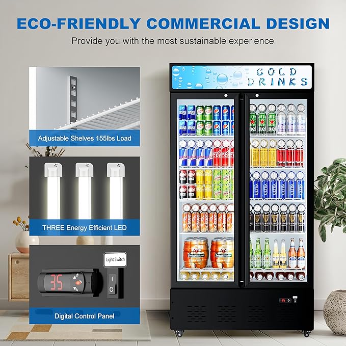 Commercial Beverage Refrigerator, 30 Cu.ft. Fridge Display Glass Door Upright Display Door with Adjustable Shelves LED Light for Restaurant,Grocery Stores,Office