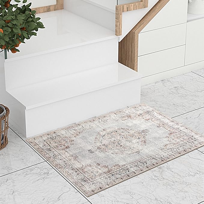 Easy-Going Boho Area Rug 3x5 Entryway Rug Washable Inside Door Mats for Home Entrance Non-Slip Vintage Distressed Small Rugs for Entry Living Room Kitchen Bathroom Lightweight Carpet, Grey Brick