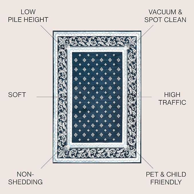 JONATHAN Y Acanthus French Border Navy/Blue Indoor Area Rug, 3x5, Vintage, Bohemian, Easy-Cleaning for Living Room, Bedroom, Kitchen, Pet Friendly, Non-Shedding (MDP504C-3)