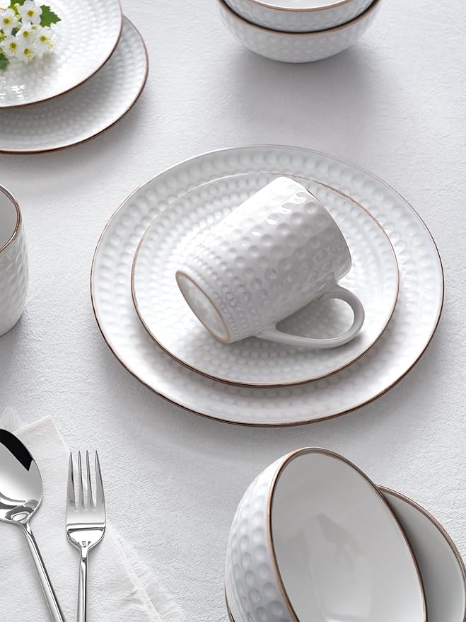 Famiware Eden Plates and Bowls Sets, Stoneware Dinnerware Sets with Gold Trim, 24 Pieces Dishes Set for 8 - Chip and Scratch Resistant, Microwave and Dishwasher Safe, White Circle